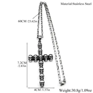 Collier gothique en acier inoxydable avec pendentif croix crâne et chaîne de 60 cm