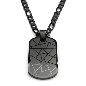 Men's black stainless steel military tag necklace with geometric engraved pattern