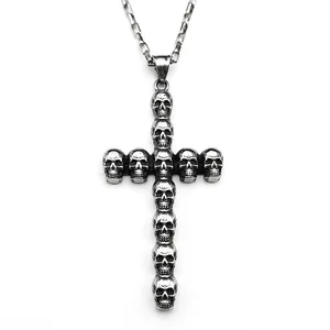 Pendentif croix tête de mort gothique en acier inoxydable vintage avec chaîne carrée