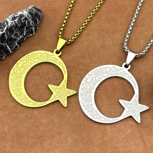 Collier Pendentif Étoile Lune en Acier Inoxydable Hip Hop Calligraphie Arabe Croissant de Lune Chaîne Vénitienne Bijoux Unisex