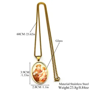 Sint-Antonius hanger ketting van roestvrij staal met 60cm ketting en glazen cabochon
