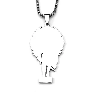 Polished silver cross pendant necklace with archangel silhouette on a pearl box chain