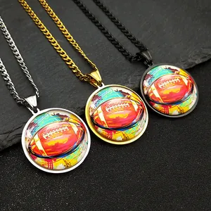 Vintage Stainless Steel Rugby Pendant Necklace With Glass Dome Football Pattern Artistic Cuban Chain For Women Men Sports Jewelry