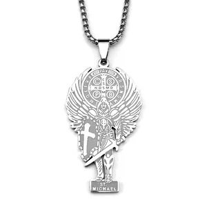 Archangel Saint Michael and Saint Benedict stainless steel pendant on a round box chain