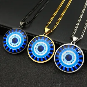 Stainless Steel Evil Eye Pendant Necklace Glass Turkish Eye Jewelry For Men Women Curb Chain Ethnic Amulet Necklace Gift