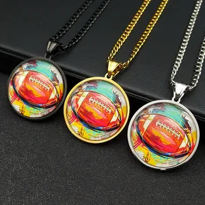 Retro rugby time gem pendant necklace in black, gold, and silver finishes with curb chain