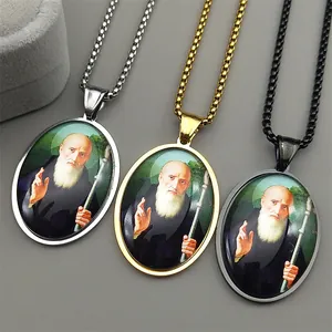 St. Benedict Medallion Pendant Necklace Stainless Steel Glass Religious Saint Amulet Box Chain Jewelry For Men Women Gift
