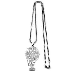Detailed close-up of Saint Michael Archangel pendant in polished silver stainless steel