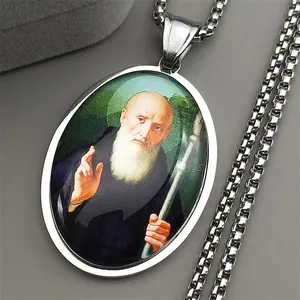 Saint Benedict oval medallion pendant necklace in silver stainless steel finish