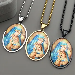 Stainless Steel Religious Virgin Mary Christ Child Oval Medallion Pendant Necklace Retro Catholic Saint Mary Amulet Jewelry Gift