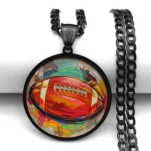 Macro detail of rugby pendant with colorful graffiti art and black chain link