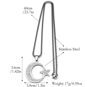 Collier lune et étoile de 60cm en acier inoxydable avec motifs gravés sur chaîne box