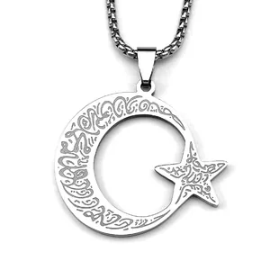 Collier en acier inoxydable avec pendentif lune et étoile gravé de calligraphie arabe