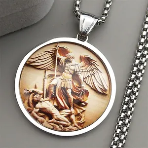 Archangel Saint Michael religious medallion necklace with silver box chain and relief pendant
