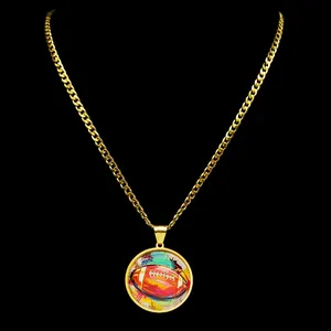 Retro rugby football time gem pendant necklace with gold cuban chain for men and women
