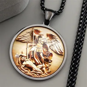 Macro shot of Archangel St. Michael embossed gold pendant with black chain detail