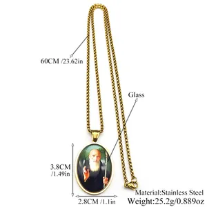 Gold stainless steel St. Benedict oval glass medallion pendant necklace with dimensions