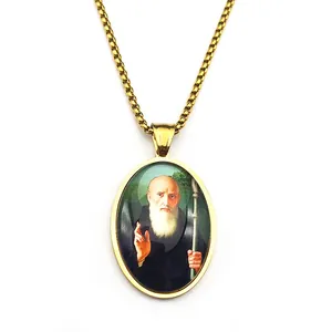 Gold stainless steel St. Benedict oval pendant necklace with religious icon for gift
