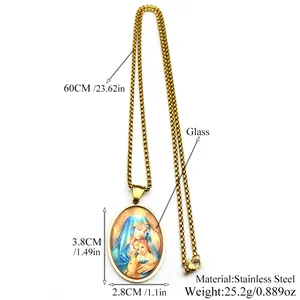 Gold stainless steel oval Virgin Mary medallion necklace with glass protective cover