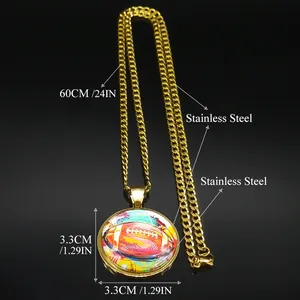 Golden stainless steel rugby pendant necklace on black background with size dimensions