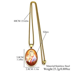 Gold oval stainless steel Virgin Mary pendant necklace with glass cover for women