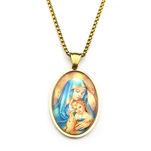 Golden oval pendant necklace with Virgin Mary and Child on a square box chain