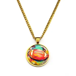 Vintage gold rugby time gem pendant necklace with artistic american football illustration