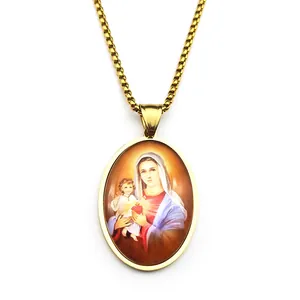 Golden oval pendant necklace with Virgin Mary religious image and stainless steel box chain