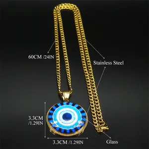 Golden stainless steel necklace featuring a 3.3cm evil eye glass pendant on a long chain