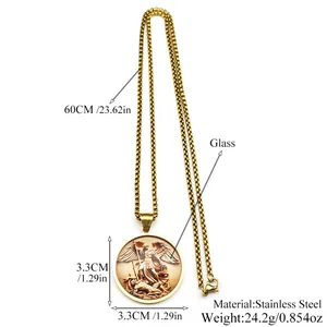 Gold stainless steel St. Michael pendant necklace with 60cm chain and size dimensions