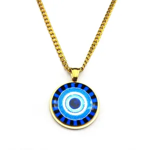 Minimalist gold stainless steel necklace featuring a round Turkish Evil Eye pendant on chain