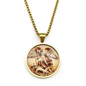 Gold St. Michael Archangel pendant necklace with box chain for men and women