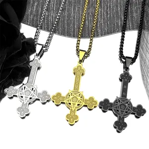 Gothic Inverted Cross Pendant Necklace Stainless Steel Pentagram St Peters Cross Box Chain Punk Jewelry For Men Women