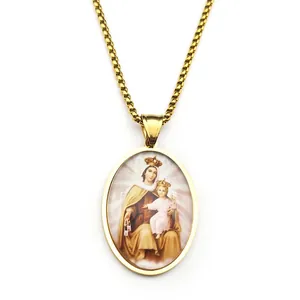 Gouden Maria en Kind religieuze ovale hanger ketting met een gepolijste ketting