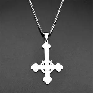 Dark style silver metal box chain necklace with an inverted cross pendant for women