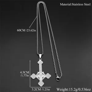 Gothic stainless steel inverted cross necklace with pentagram on grey background