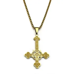 Gothic gold inverted cross necklace with pentagram detail and intricate floral engraving