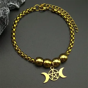 Edelstahl Dreifachmond Pentagramm Armband Für Damen Gothisch Wicca Schmuck Gold Silber Galvanisiert Box Kette Perlen Armband