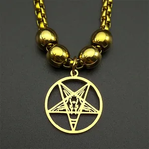 Goldene Edelstahl Punk-Halskette mit Baphomet-Pentagramm und Ziegenkopf-Anhänger