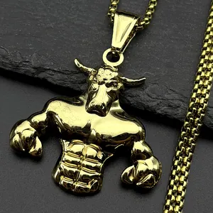 Collana con Pendente Toro Muscoloso in Acciaio Inossidabile Retro Punk Hip Hop Minotauro Gioielli Regalo per Uomo Oro Argento