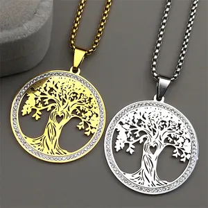 Detailed close-up of gold and silver hollow tree of life pendants with zircon accents