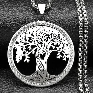 Silver tree of life pendant necklace with crystals and heart detail on black leather