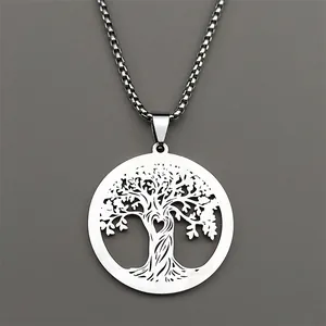 Silver hollow Tree of Life necklace with heart cutout and durable box chain