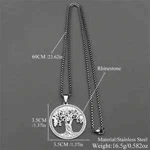 Silver Tree of Life necklace with rhinestones and 60cm box chain on grey background