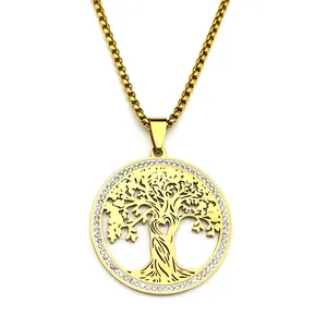 Golden tree of life necklace with white zircon pavé heart pendant on a box chain