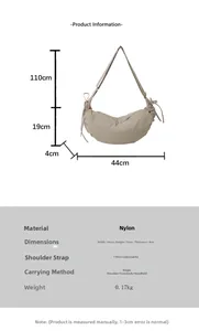 Detailed size specifications and material info for the beige nylon crescent crossbody bag
