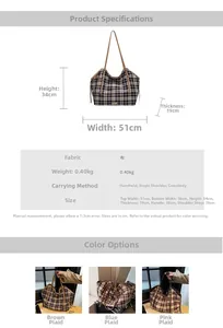 Detailed size specifications for a large capacity checkered canvas tote bag with dimensions