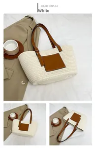 Macro detail of white woven tote bag with brown leather handles and square pocket