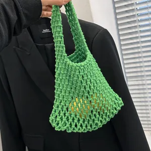 Women Fashion Woven Mesh Handbag Hollow Out Handmade Cotton Rope Tote Bag Small Street Style Wrist Bag For Vacation Beach