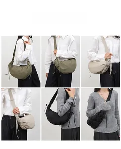 Detail shots of pleated dumpling bags in olive, beige, and black on a shoulder strap